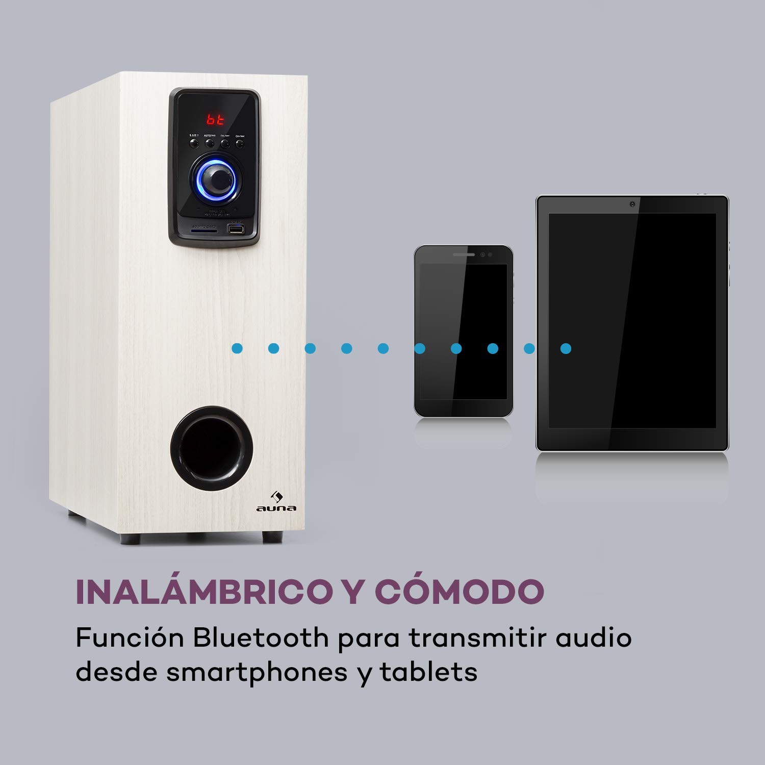 AUNA Areal Elegance - Sistema Home Cinema 5.1, Subwoofer 5", 5 Altavoces satélite (3"+5"), Potencia 190 W, Bluetooth, Puerto USB/SD, AUX, Pantalla LED, Mando a Distancia, Estética Madera, Blanco