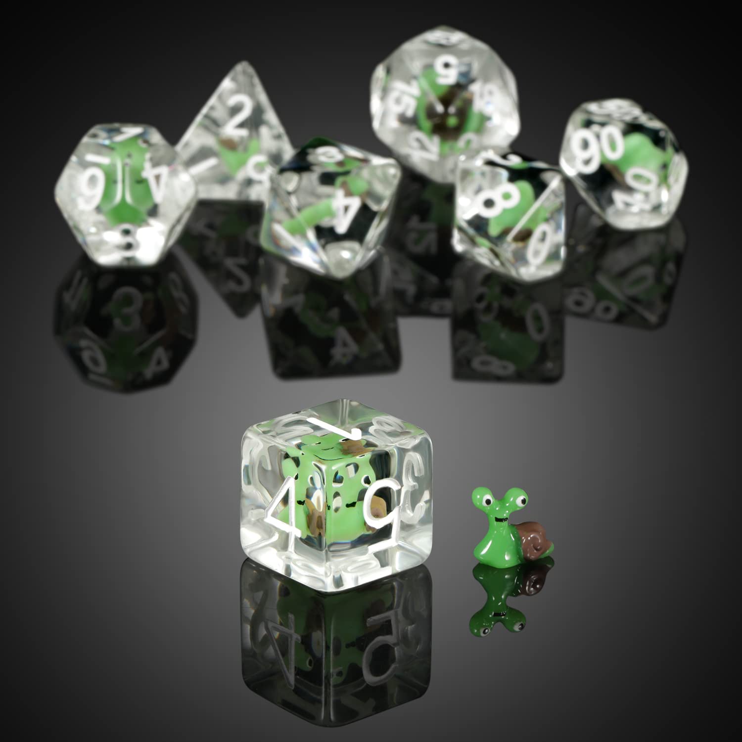 Snail Dice Set DND, DNDND Resin 7 D&D Würfel mit Samtbeutel für Dungeons and Dragons D&D Rolling Games und Tabletop Games (grüne Schnecke)