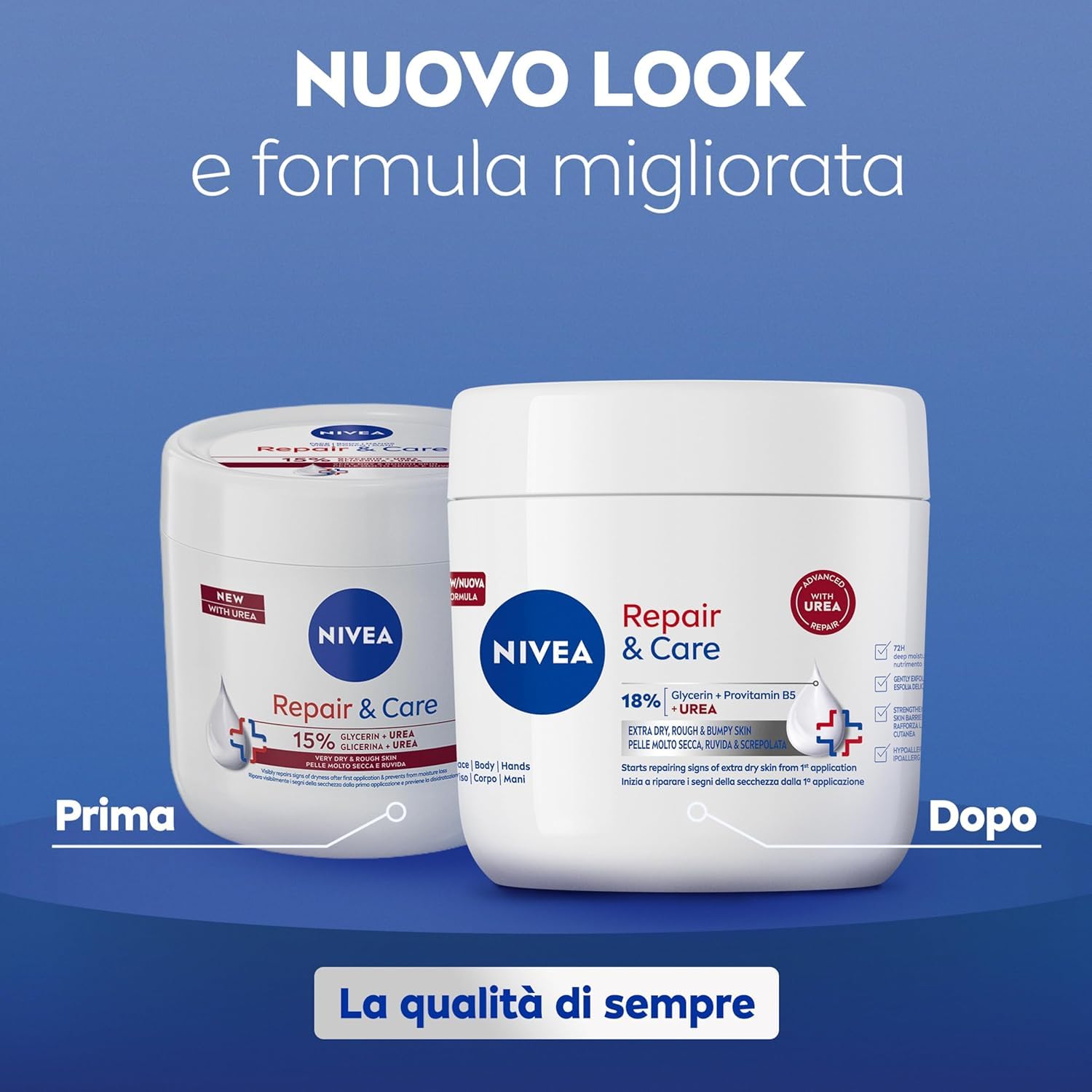 NIVEA Repair & Care Urea 400 ml, Crema corpo idratante pelle secca, molto secca, ruvida e screpolata, Crema multiuso per corpo, viso e mani nutriente 72H con 15% Glicerina e Urea