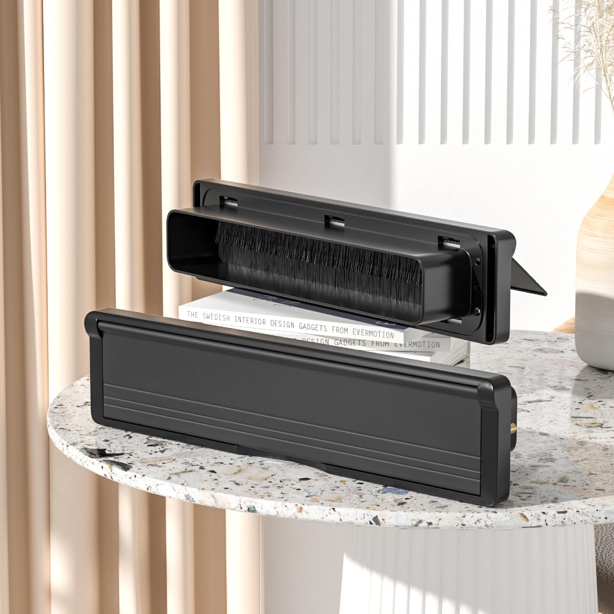 Bwintech 1 lot de boîtes aux lettres en aluminium noir de 305 x 70 mm à profondeur réglable, convient pour portes intérieures et extérieures de 40 à 80 mm d'épaisseur en bois, UPVC, composite