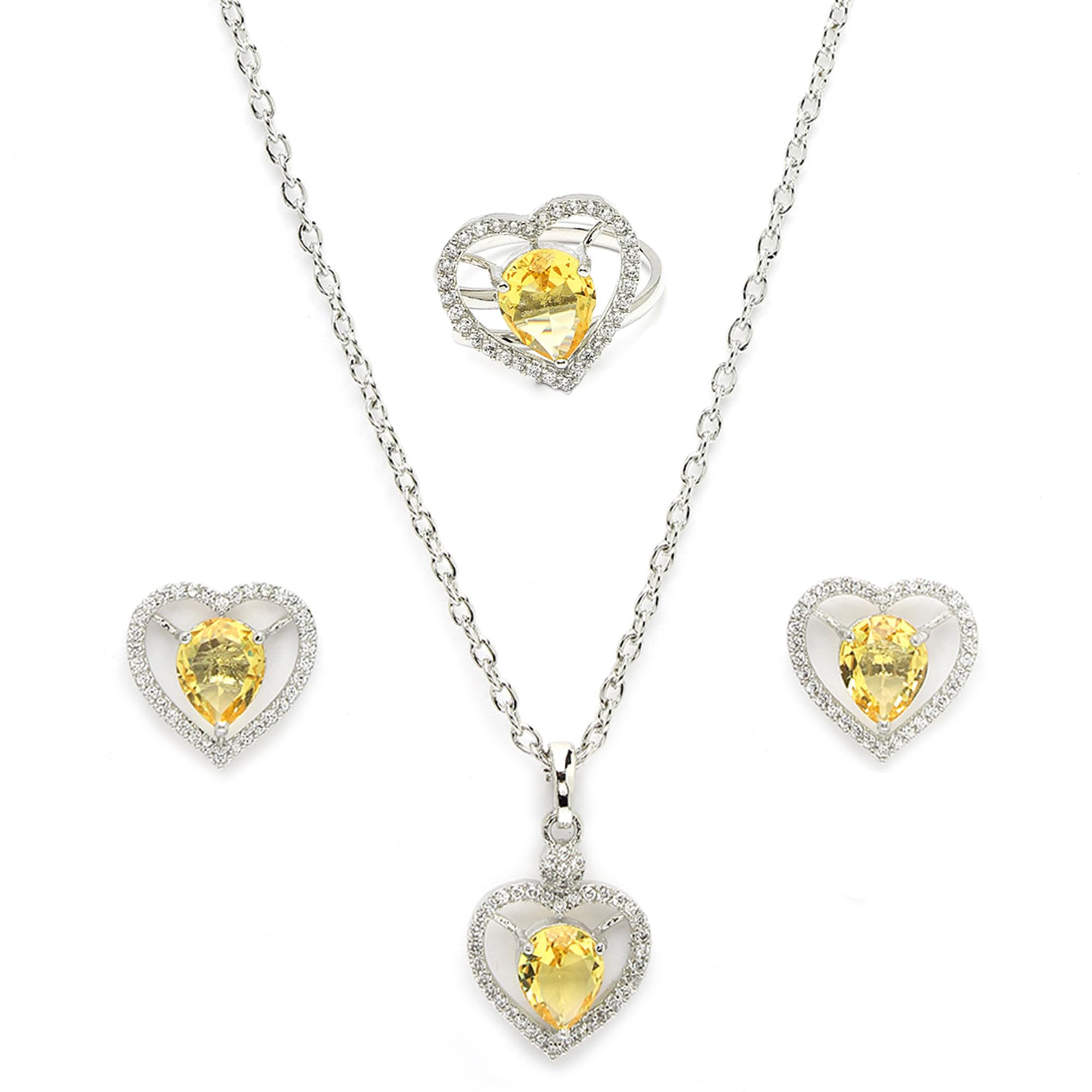 ZENEME Silver Plated Luxury American Diamond Heart Crystal Pendant Ring & Earrings Combo Jewellery Set For Women | Pendant Gift for Rakhi Jewelry (Yellow Etherial Heart Pendant Set) (B0D92GN7MB) Amazon Price History, Amazon Price Tracker