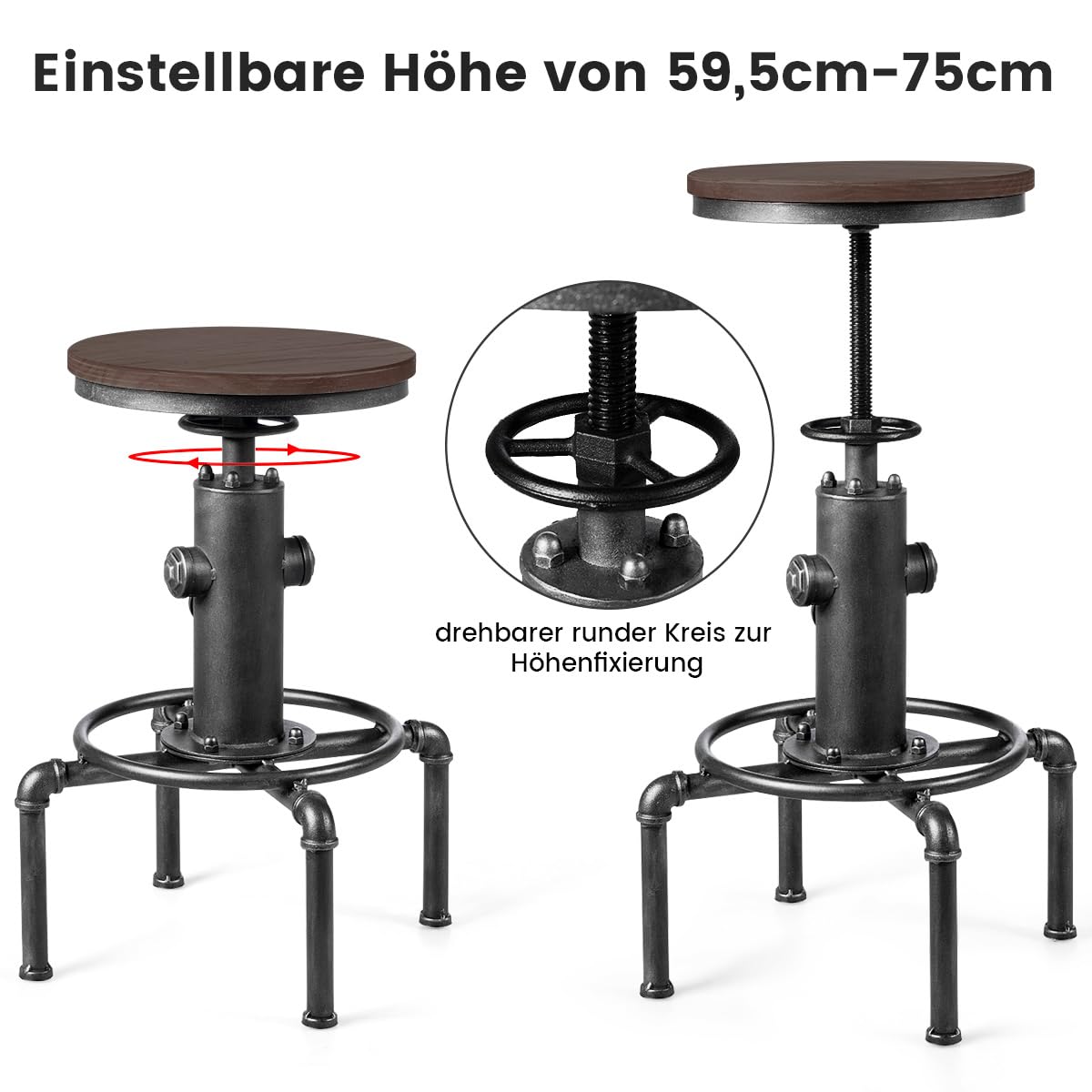 COSTWAY Barhocker höhenverstellbar, 59,5-75 cm, Barstuhl aus Holz und Metall, Tresenhocker mit Fußstütze, Kiefer Platte, Vintage Bistrohocker, Industrie-Hocker Küchenhocker für Restaurants, Cafés