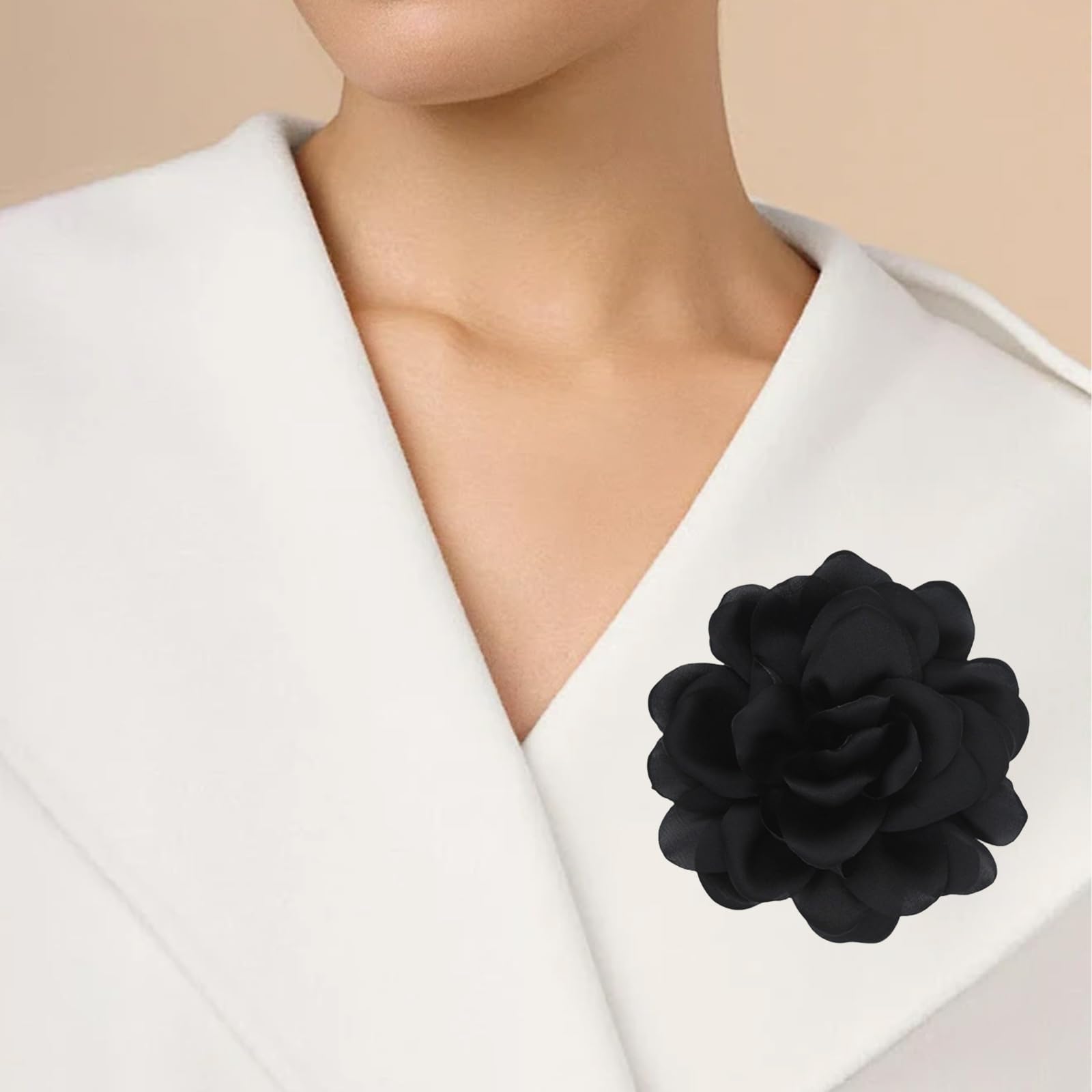 Lot de 3 broches en forme de fleur de rose en satin, 12 cm, couleur unie, fabriquée à la main, accessoire de costume (rouge, noir et blanc)