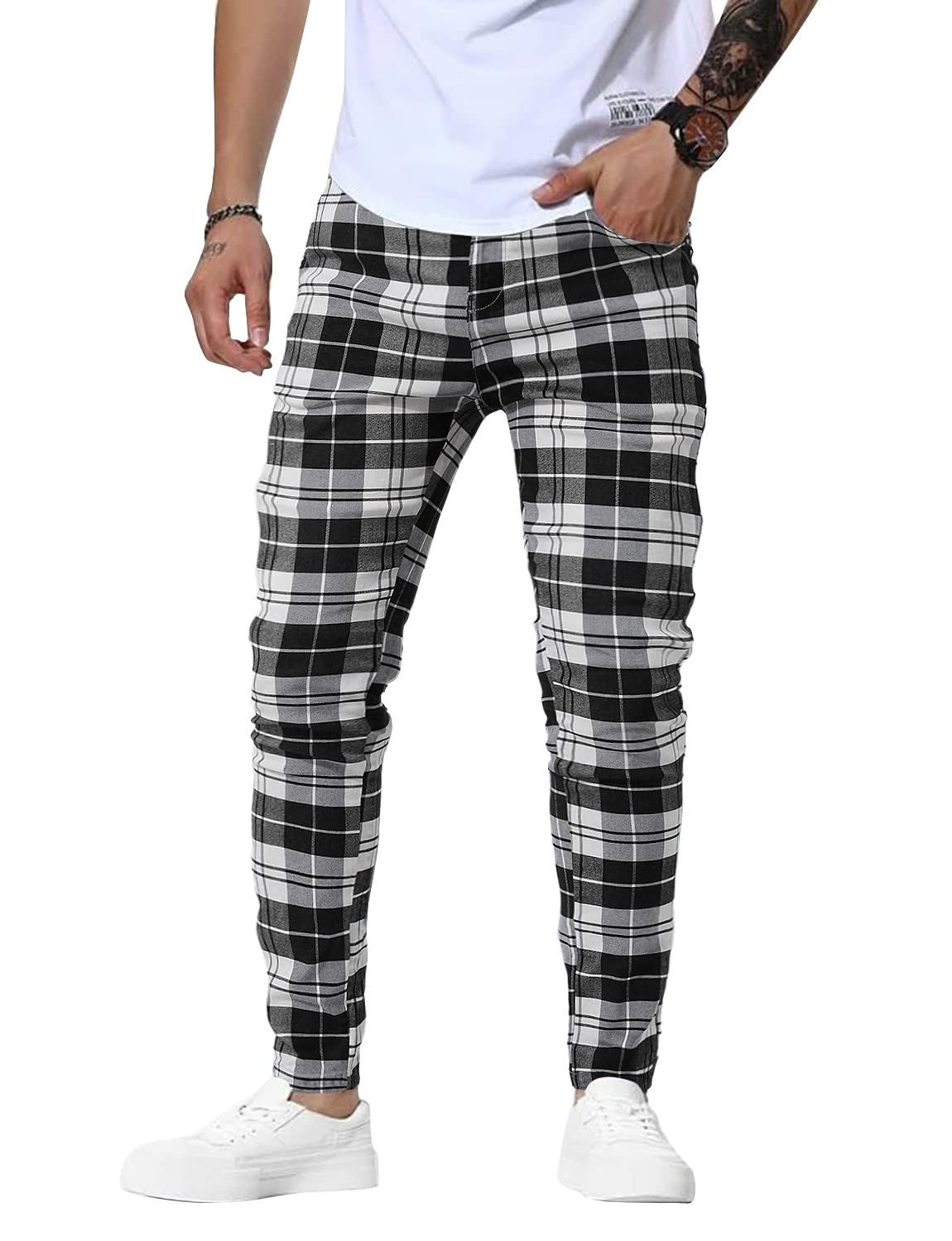 Woenzaia Men's Slim Fit Dress Pants Casual Stretchy Twill Chinos Tapered Skinny Slacks