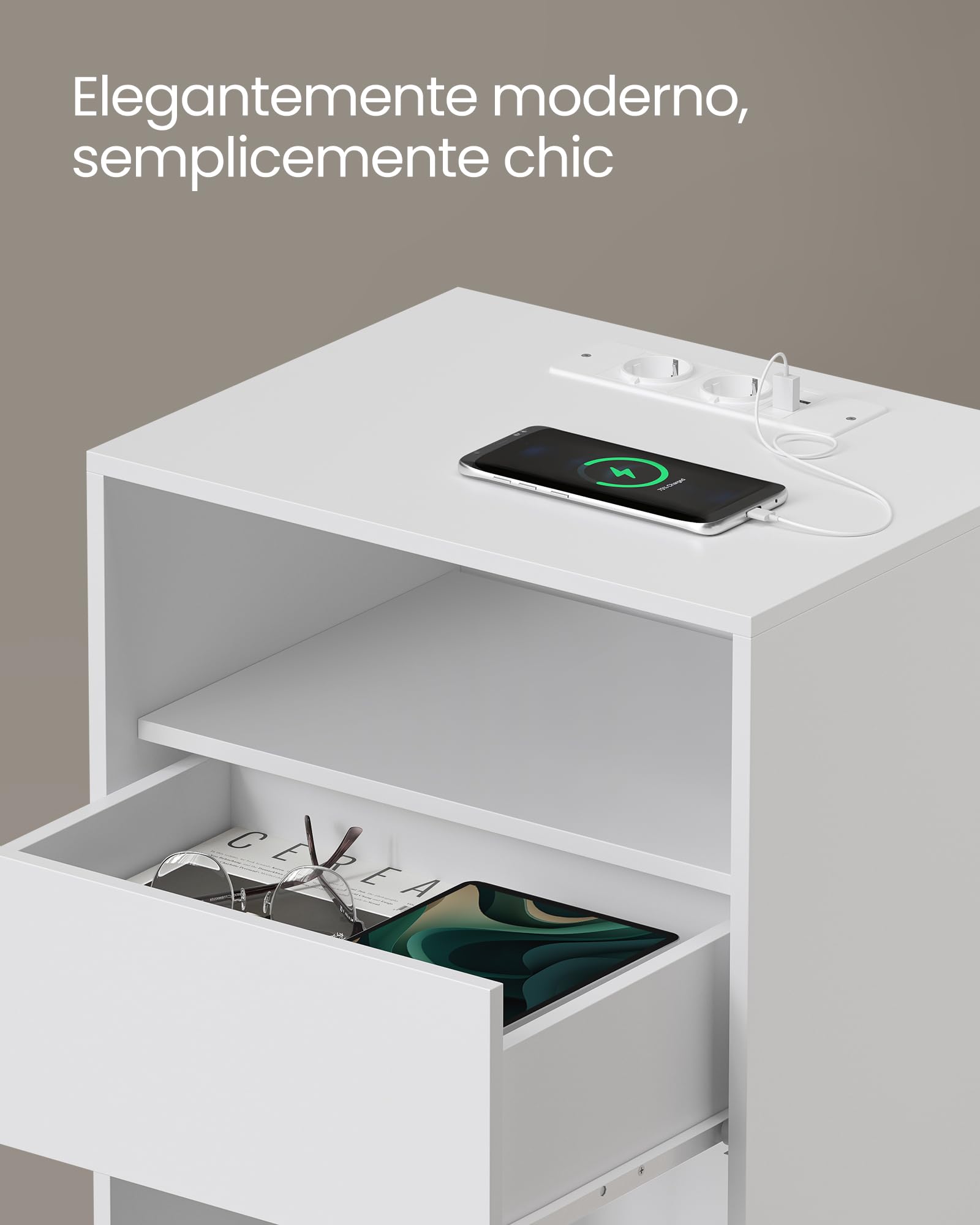 VASAGLE Comodino, Snapsemble Montaggio Rapido, Tavolino con Stazione di Ricarica, Moderno, Cassetto, per Camera da Letto e Soggiorno, Bianco Opaco LET777W04