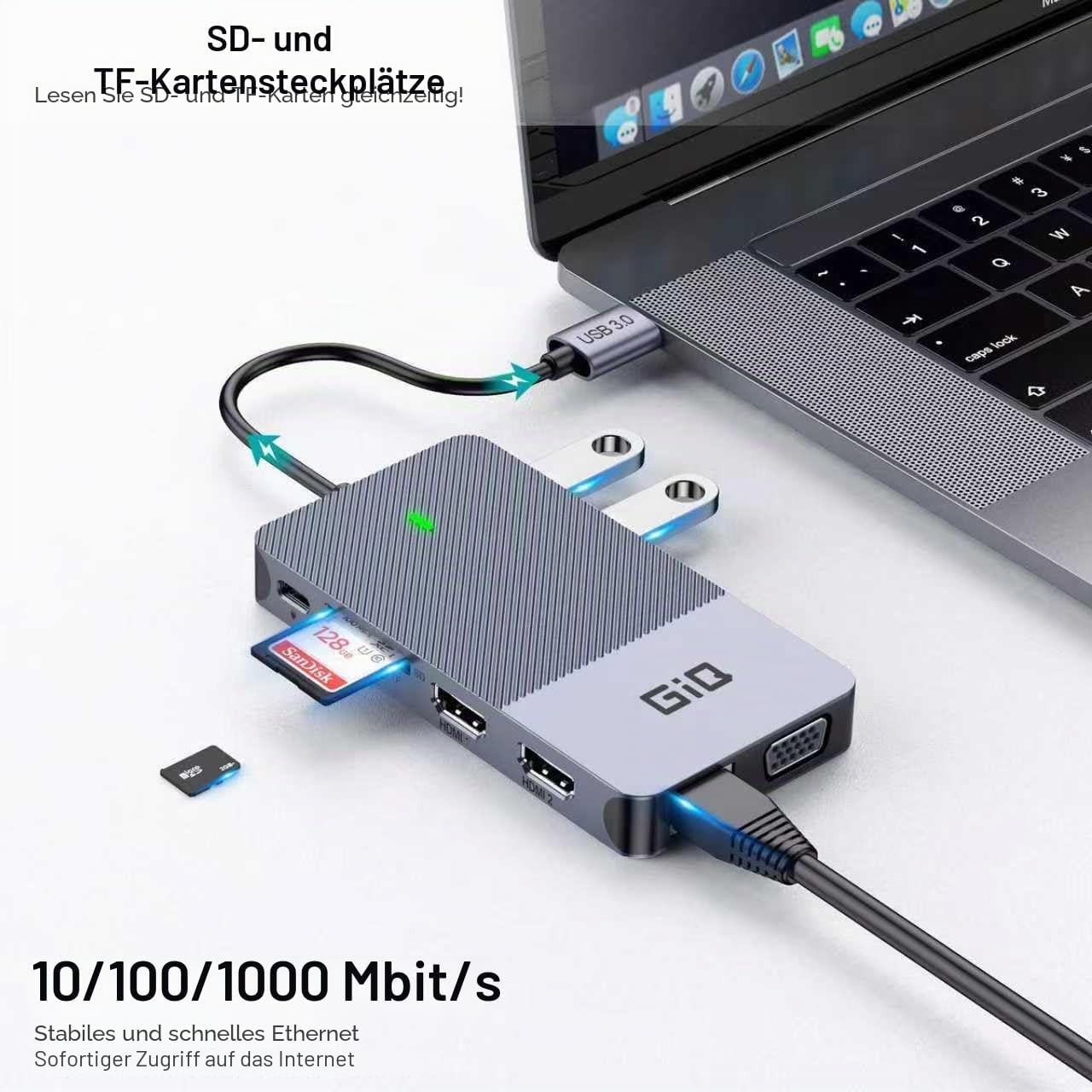 USB Docking Station GIQ USB C HUB USB 3.0 to Dual HDMI VGA Adapter Triple Display USB C Laptop Docking Station Dual Monitor HDMI Splitter Extender Compatible with MacBook M1 M2 M3 M4 M5 USB Dock