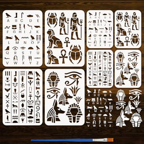 FINGERINSPIRE 8PCS Egypt Painting Stencil 21x29.7/14x20CM Bird Pharaoh Ankh Pattern Plastic Egyptian Template Egyptian Hieroglyphs Stencils with Paint Brush for T-Shirt Wood Fabric DIY Art
