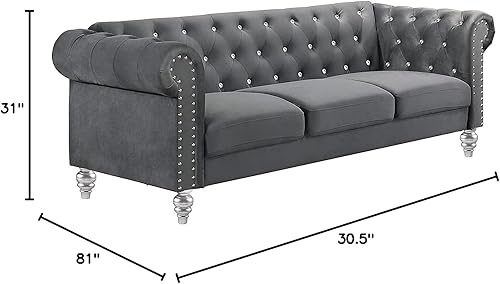 Miniatura 10 de New Classic Furniture Glam Emma - Sofá de terciopelo de tres plazas estilo Chesterfield para espacios pequeños con botones de cristal, azul rey Azul