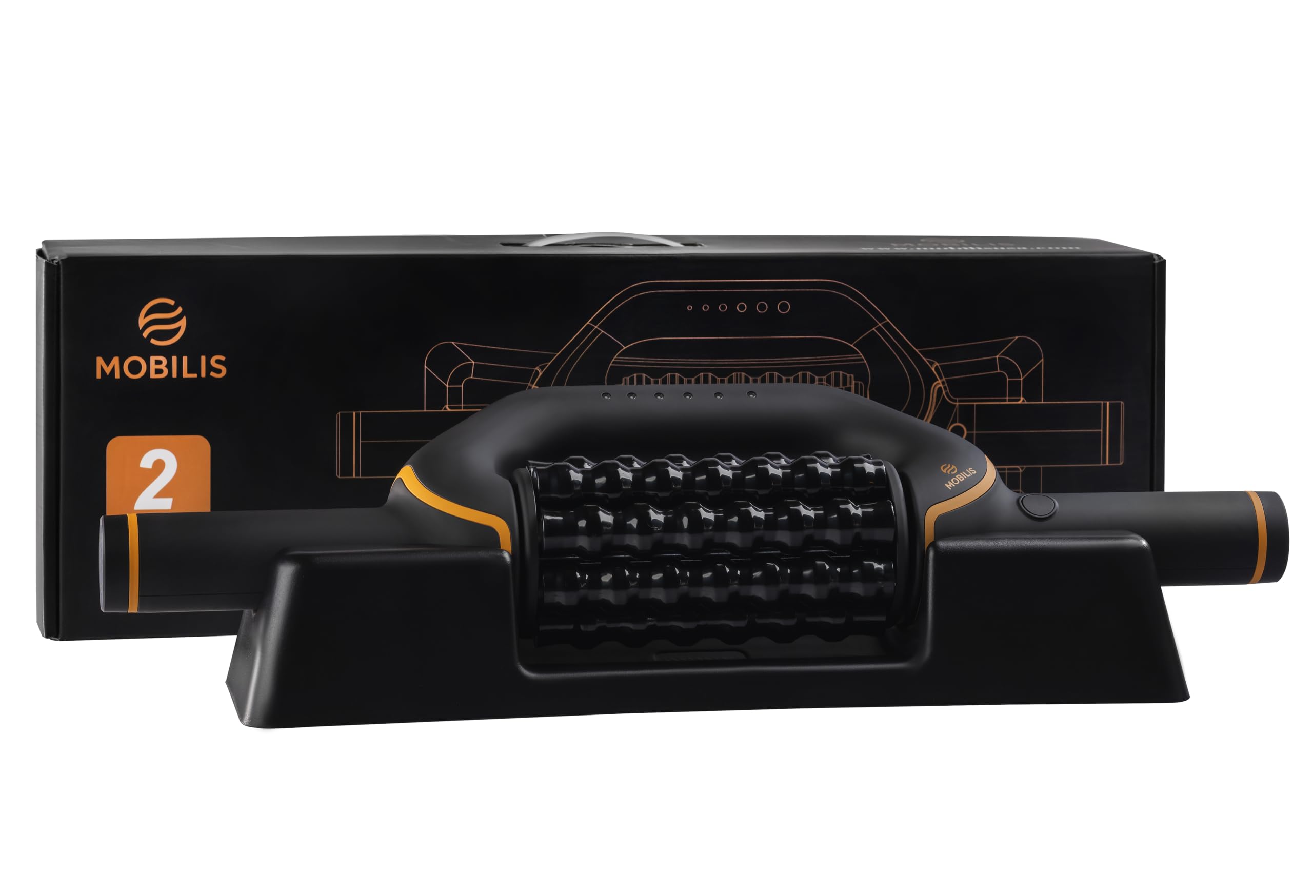 TechCare Massager Mobilis Electric Massage Stick 6-Speed Reversible Spin Rechargeable Battery Wide Massage Area Black with Orange Accents