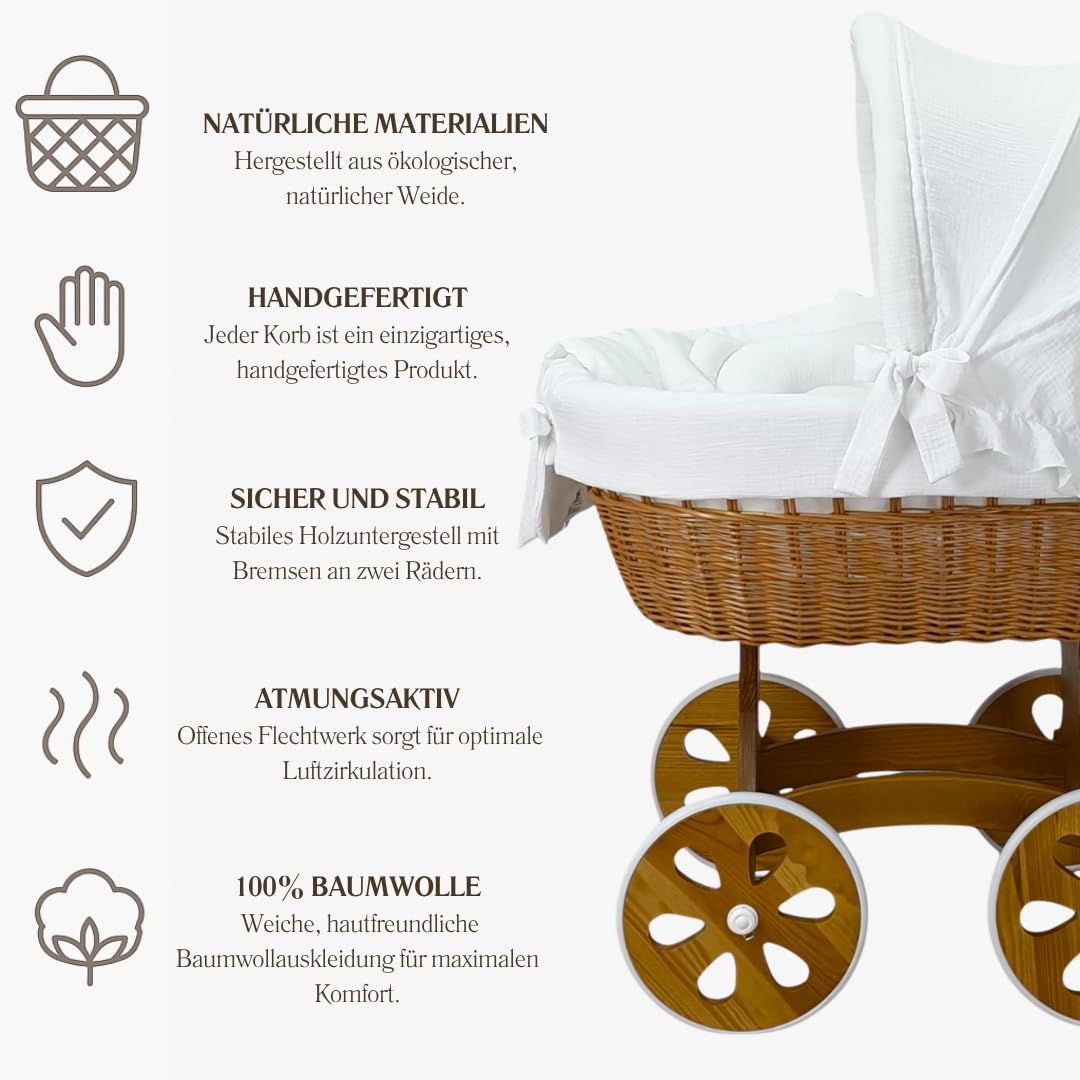 Wiklinopol Stubenwagen, Moseskorb Baby mit Gestell Annabell – Bollerwagen mit Rollen aus Naturweide – inkl. Matratze & 5-TLG. Weiß Musselin-Bettwäsche – Korb: Natur