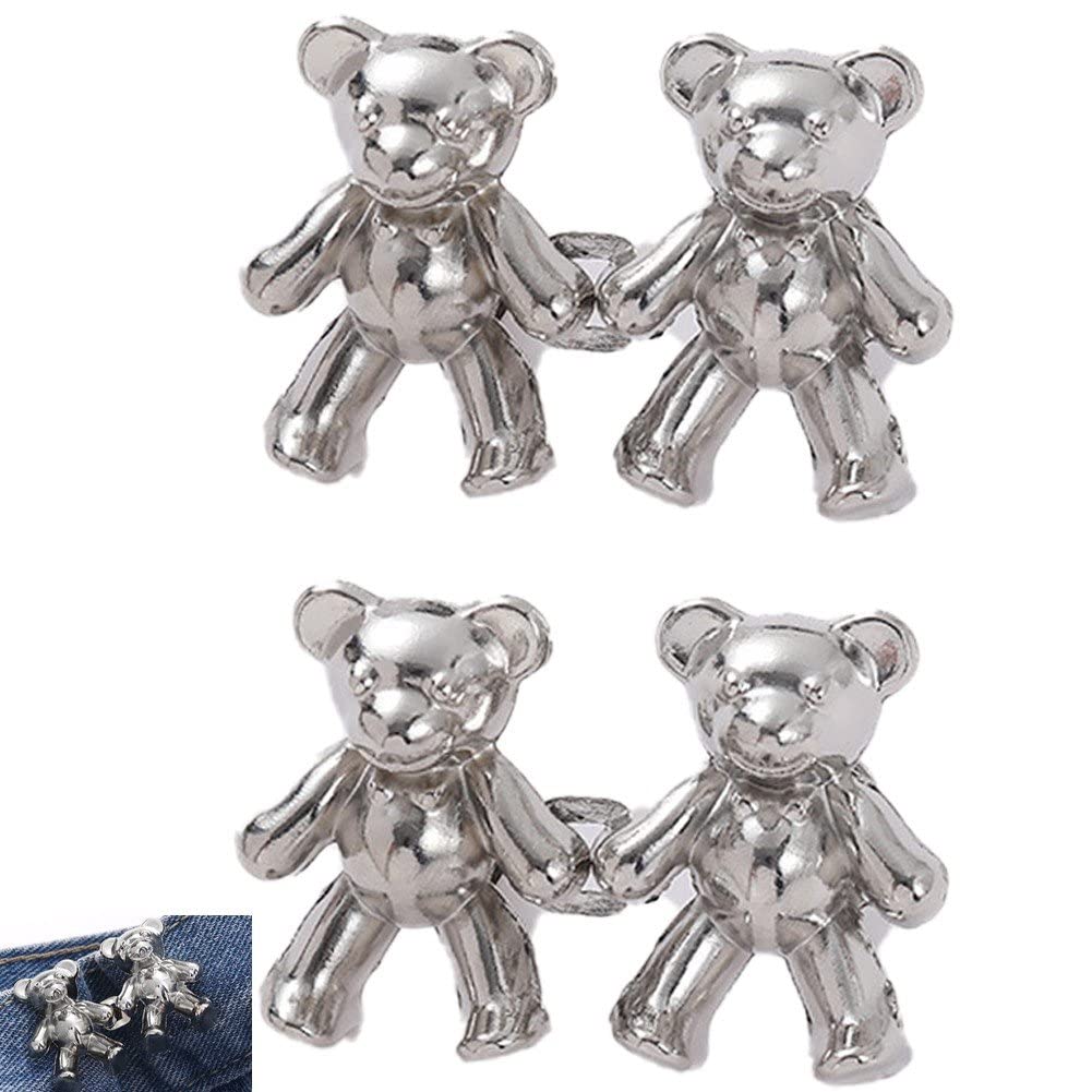 Wudaizhi Silver Pant Waist Tightener 2 Pairs Cute Bear No-Sew Waist Button Adjustable Waist Buckle Detachable Jean Button Pin
