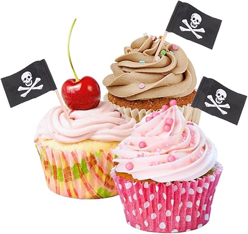 Miniatura 3 de Luxshiny 100 piezas de bandera pirata para cupcakes, palillos de dientes pirata, para Halloween, palillos de dientes, banderas, gorra de calavera,