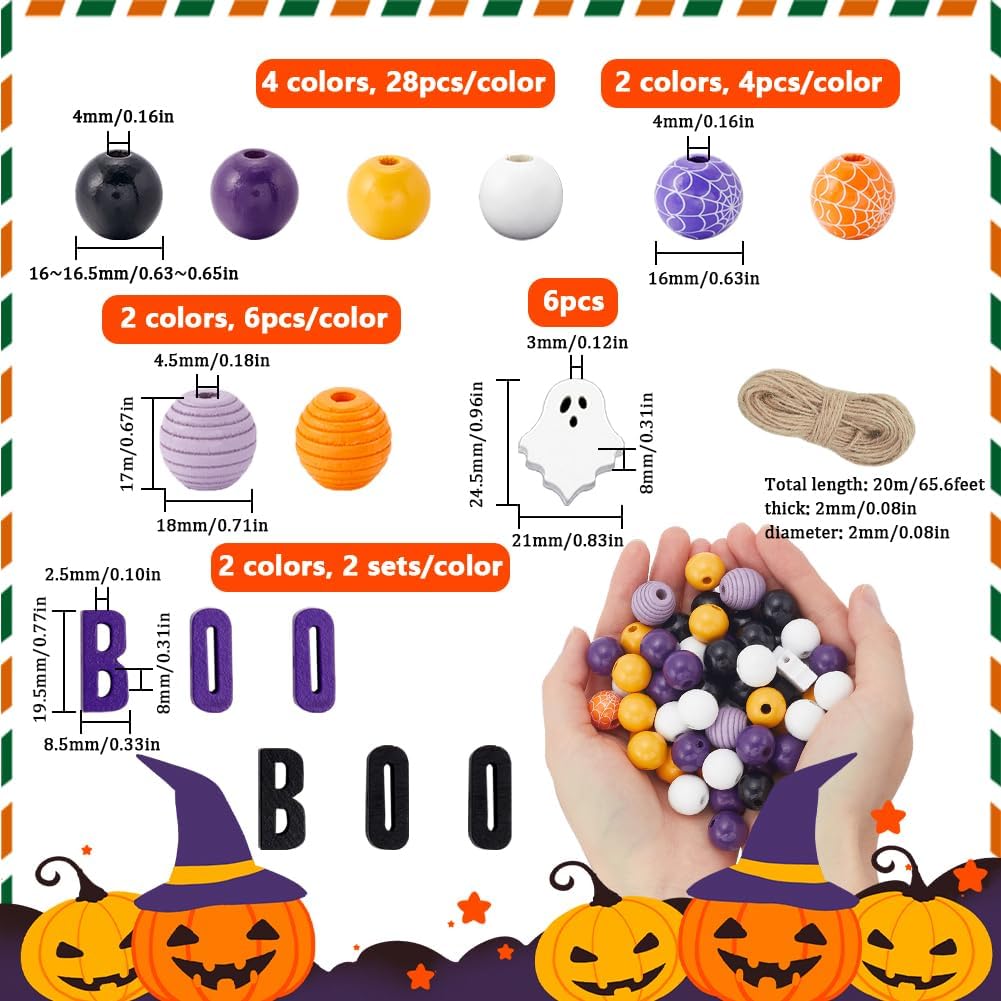 150Pcs 16mm Halloween Wooden Beads Round Wood Beads Halloween Themed Farmhouse Ghost Wooden Beads with 22 Yards/20m Jute Cord Kits for Jewelry Making DIY Necklace Bracelets Crafts Home Decor