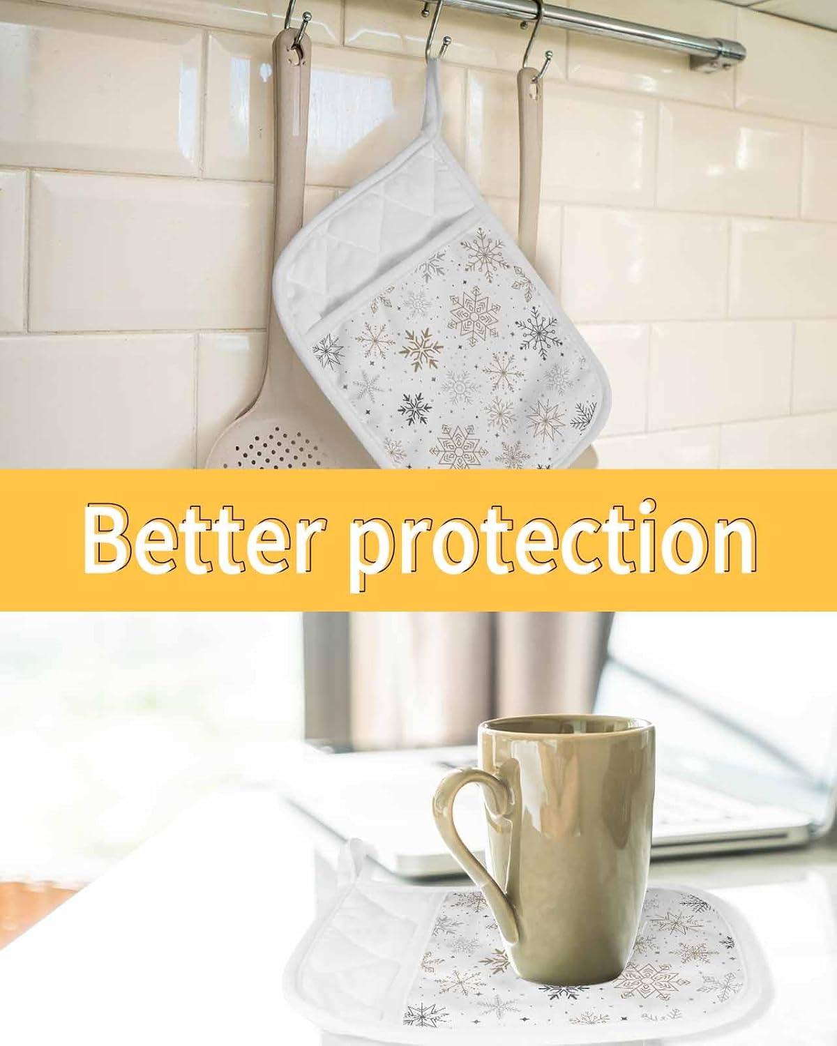 Pot Holders with Pockets, Heat-Resistant Hot Pads for Kitchen, Christmas Winter Snowflake Tile Pattern Oven Mitts Pot Holders Sets Potholders for Baking Cooking Pack of 5