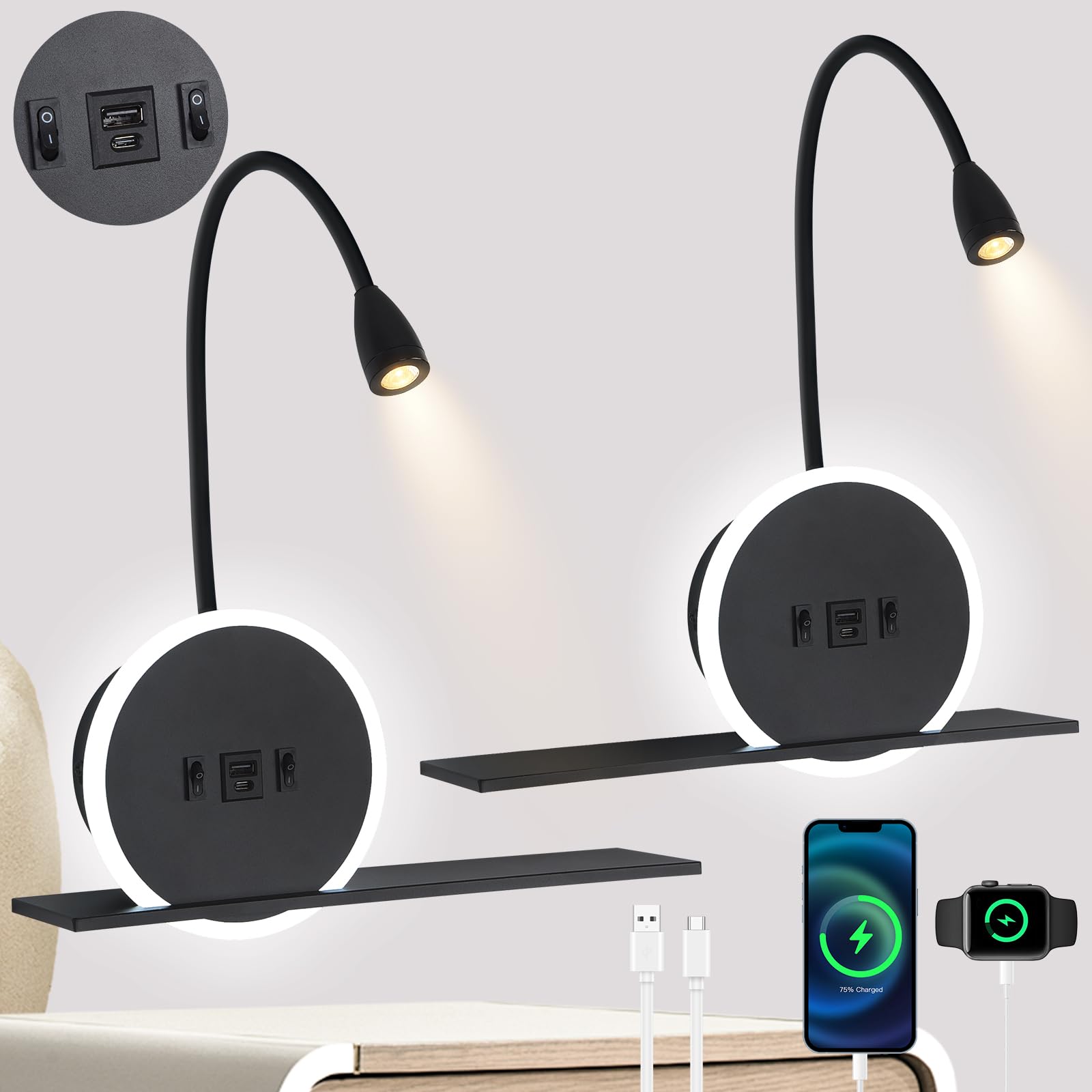 SANSHI Lampa do czytania na ścianie LED z przełącznikiem, lampka do łóżka z USB + złącze ładowania typu C
