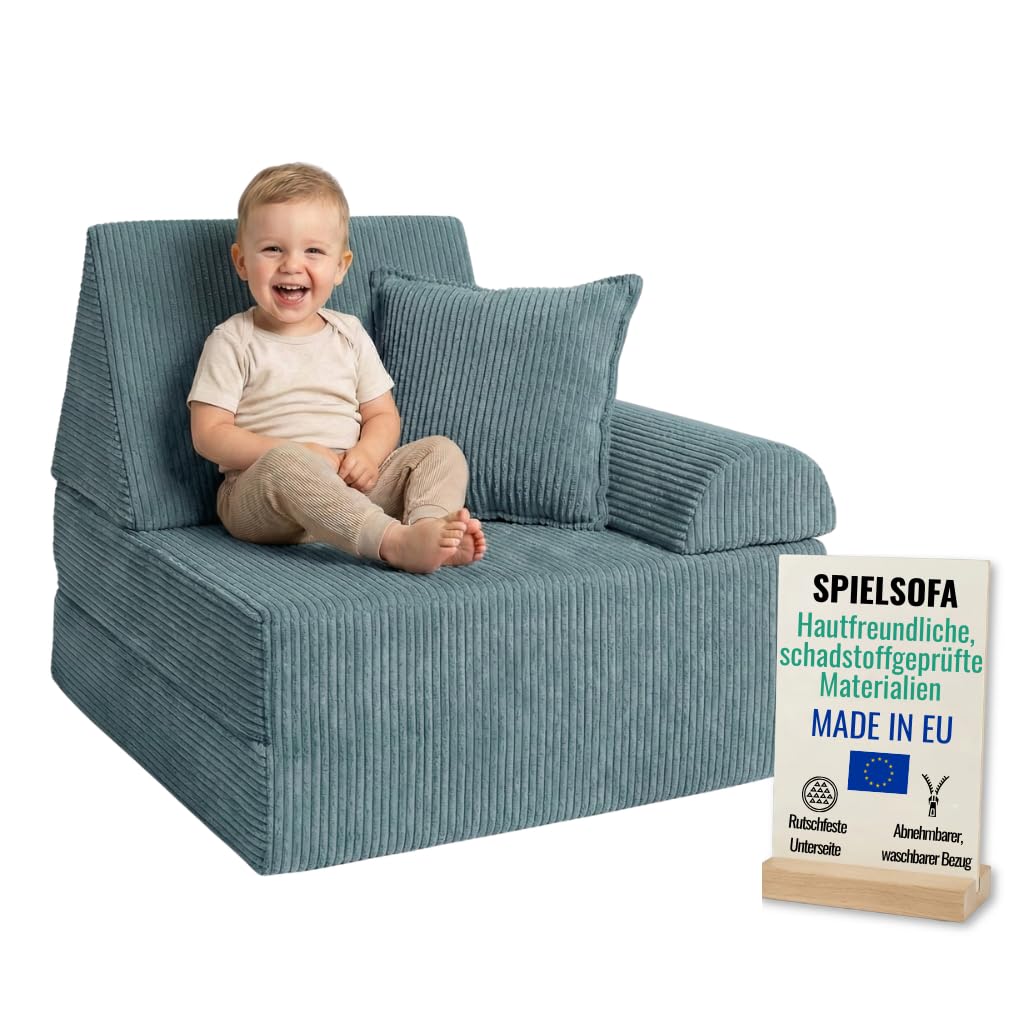 Spielsofa für Kinder & Kindersessel aus Cordstoff | Weiches Kindersofa | Bequeme Kinder Couch mit abnehmbaren, waschbaren Bezügen | Ergonomisches Spielsofa für Spielzimmer, Hellblau