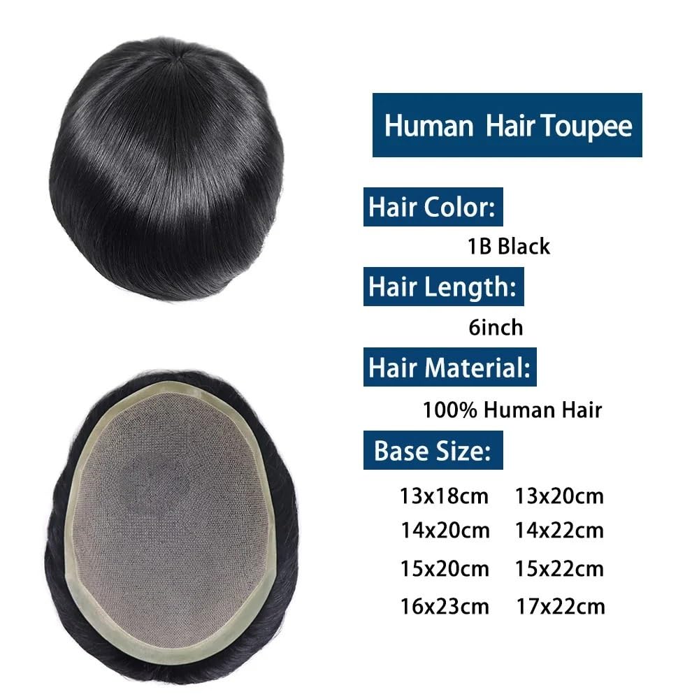 Men's Toupee Parrucchino da uomo in pizzo da 6 pollici in PU parrucchino for capelli umani for parrucche traspiranti da uomo(17x22cm)
