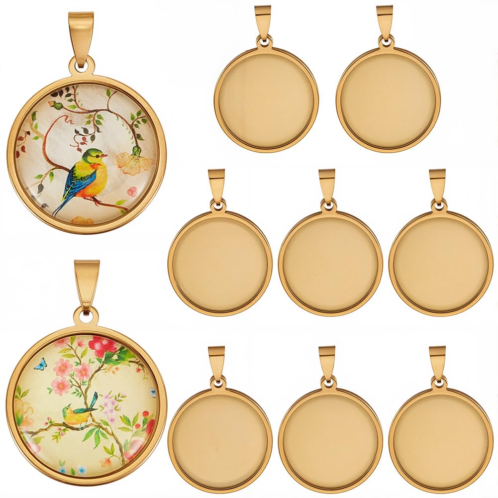 SOFPLATE 1 Box 10Pcs 25mm Gold Bezel Trays Stainless Steel Cabochon Setting Metal Flat Round Cameo Pendant Base Trays Blanks Charm for Photo Jewellery Making Earrings Necklace DIY Craft Accessories