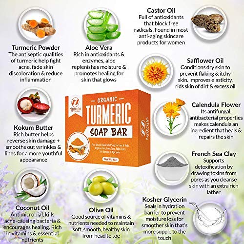 Organic Turmeric Soap Bar | Pure Natural Handcrafted Skincare, Made In Usa Face & Body Cleanser With Calendula, Aloe Vera, French Clay | Brightens Skin, Evens Tone, Fades Scars, Sun Damage, Age Spots #TOP3