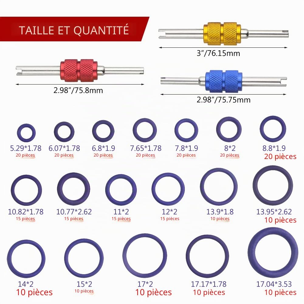 WMYCONGCONG Kit de joints toriques en caoutchouc pour compresseur de climatisation de voiture 18 tailles avec outil de retrait de noyau de valve pour réparation automobile