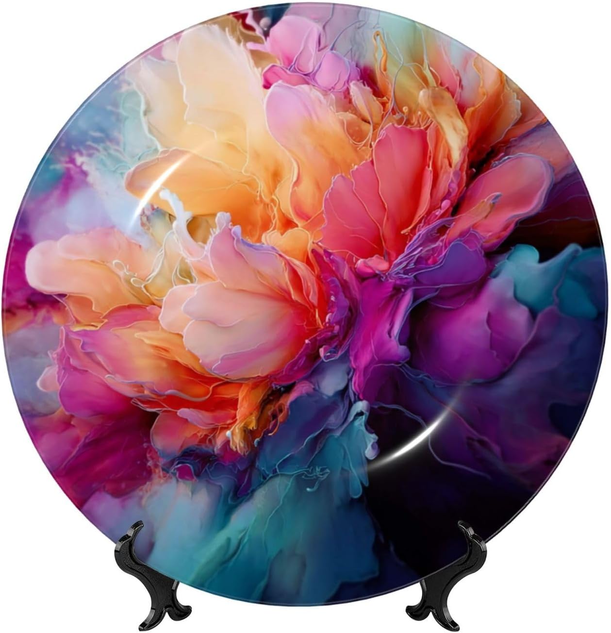 Decorative Plate 10in Bone China Dessert Plates with Display Stand Ceramic Ornament Ceramic Colorful Watercolor Painting Decorative Plates Art Crafts Porcelain Plate for Home Club Living Room