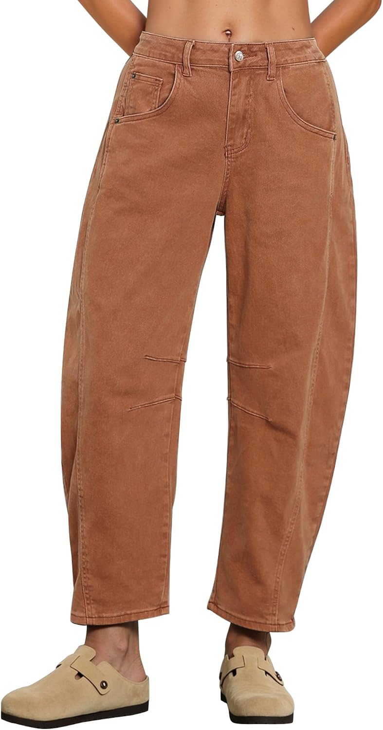 Vetinee Barrel Jeans for Women Trendy High Waisted Cropped Wide Leg Relaxed Fit Balloon Baggy Stretchy Denim Pants