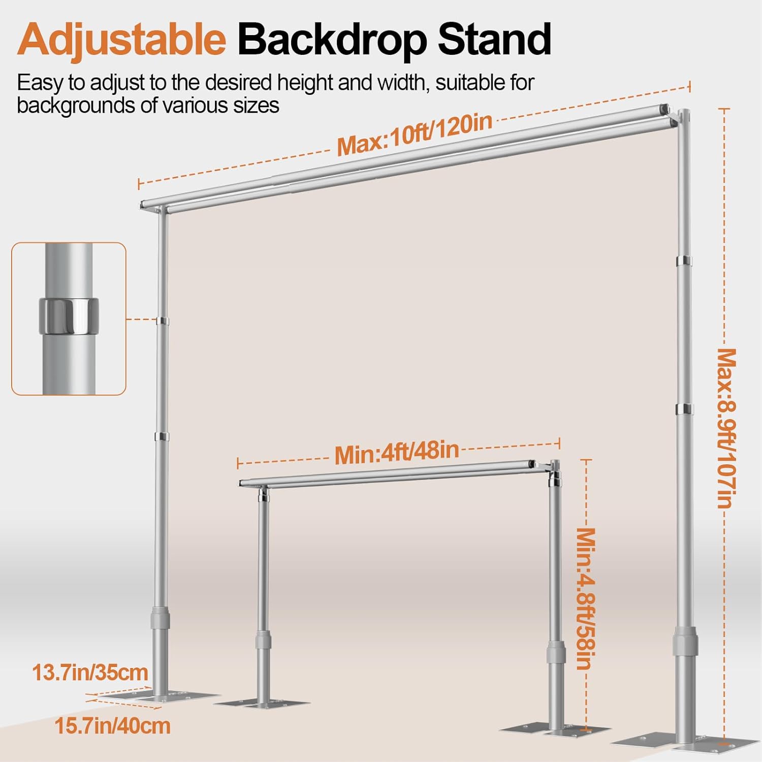 Heavy Duty Backdrop Stand 8.9x10ft, Double Crossbar Pipe and Drape Backdrop Stand Kit, Adjustable Metal Frame, Background Stand for Wedding Photography Birthday Party Decorations