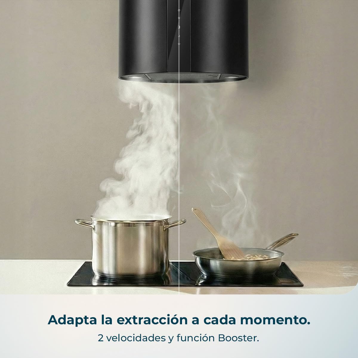 Cecotec Campana Extractora Redonda de Pared 35 cm Bolero Flux DRT 358000 Black A++. Acabado en Negro, Succión 715 m³/h, 2 Velocidades + Función Booster, Filtros de Carbono, Clase A++, Control Táctil