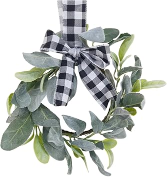Hanging Wreaths with Plaid Ribbon Bow Linen Ribbon Rattan Wreath Kitchen Cabinet Decoration Wreaths Black and White Plaid Bow Christmas Decorations#6