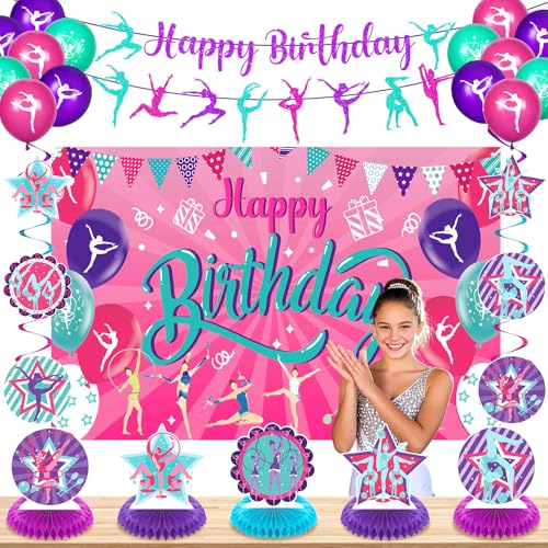 Innovoscape Gymnastics Birthday Party Decorations for Girls & Women: Banner, Backdrop, Swirls, Centerpieces, Balloons, Garland - Pink & Purple