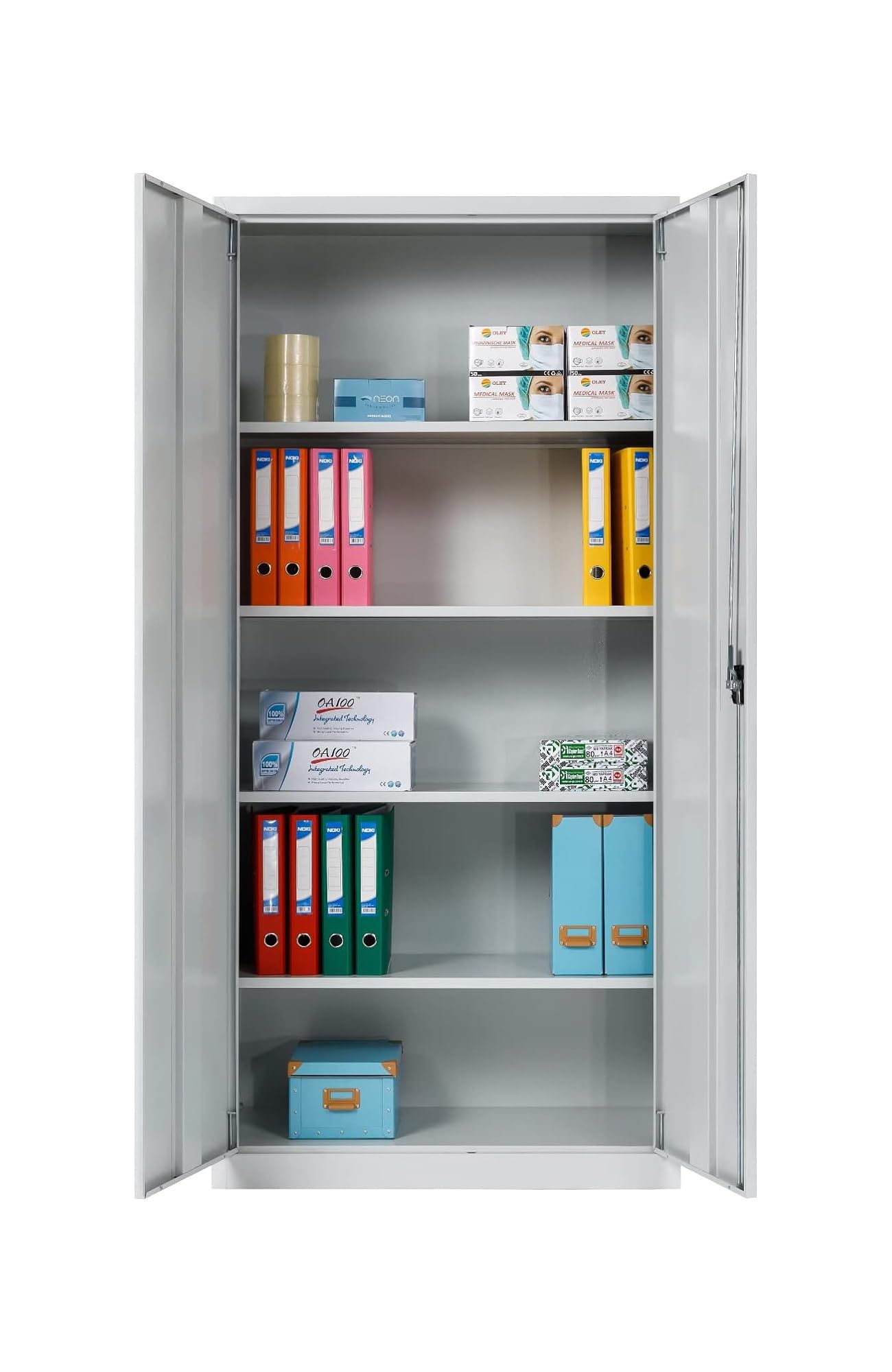 furni24 Aktenschrank, fertig montiert, 180x80x38cm, Stahlflügeltürschrank Materialschrank, Abschließbarer Spind, Aktenschrank mit 5 Fächern, Werkzeugschrank, Mehrzweckschrank, Universalschrank, grau