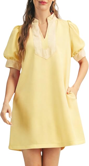 InterNos Womens Summer Puff Sleeve Mini Dress V Neck Stripe Contrast Accent Casual Dress with Pockets