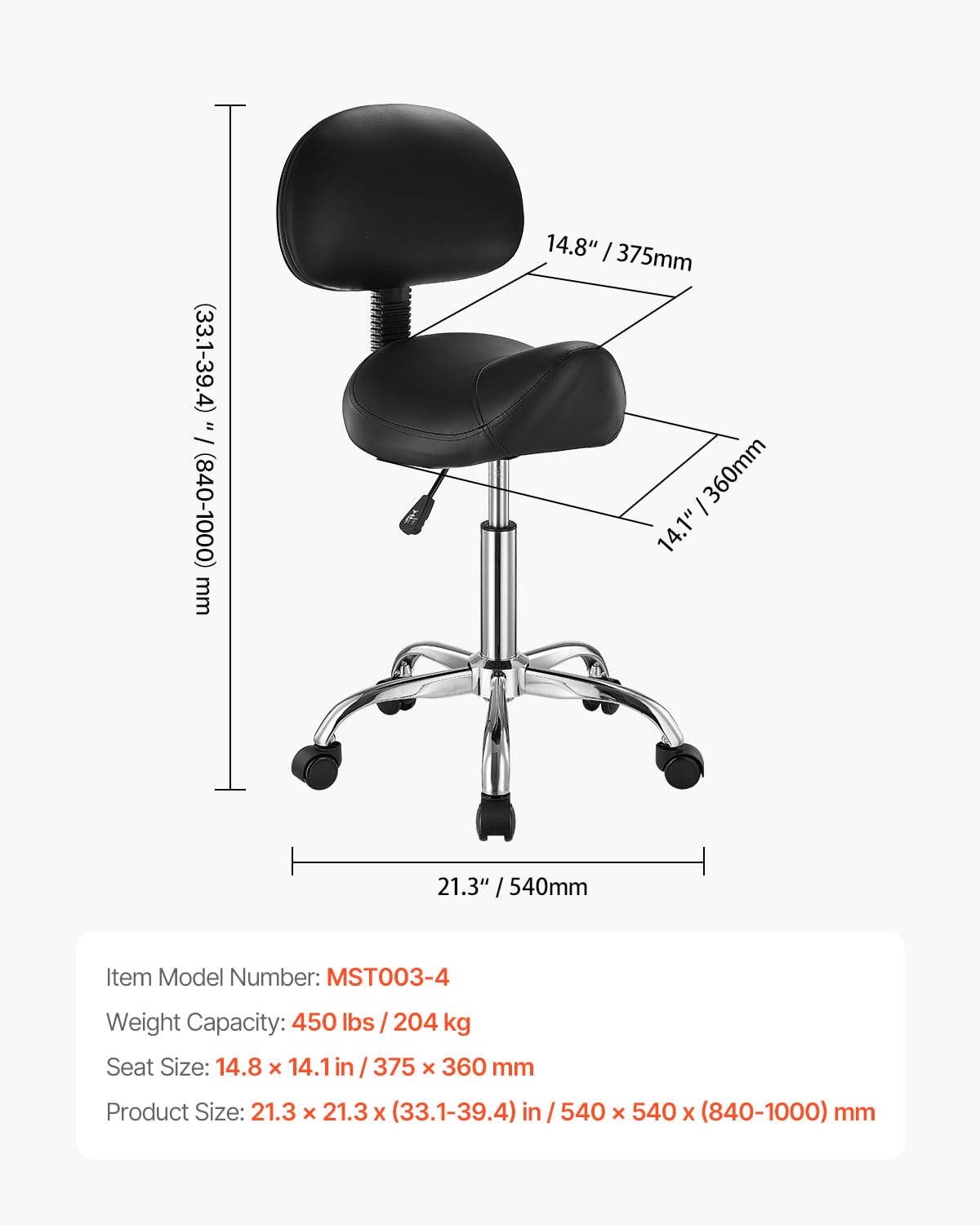 VEVOR Taburete Giratorio Altura Ajustable de 84-100cm Carga de 204kg, Taburete de Trabajo con Respaldo, Silla de Montar Giratoria Ergonómica de Cuero de PU para Salón SPA Clínica de Masaje, Negro