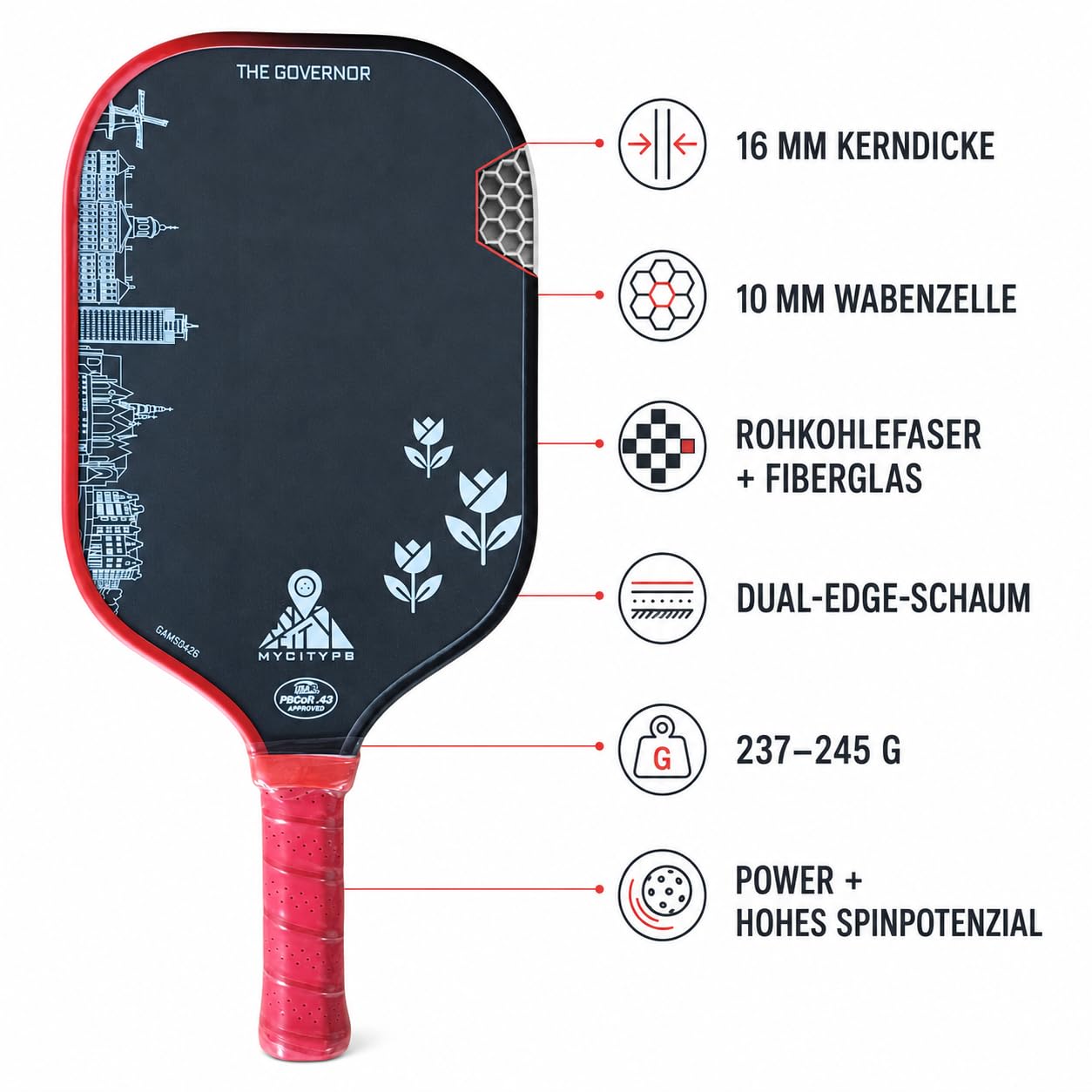 Rakieta Pickleball Governor Amsterdam Edition, certyfikat USAP, 42 x 18 cm, uchwyt 14 cm, włókno surowe + włókno szklane, 237-245 g, rakieta z rdzeniem o strukturze plastra miodu 16 mm
