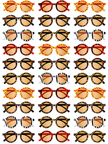 30 Pieces Safari Animal Print Sunglasses Kids Sunglasses Bulk Jungle Party Favors Zoo Animal Glasses for Boys Girls Young Birthday Pool Beach Wild Theme Party Decorations, 6 Designs