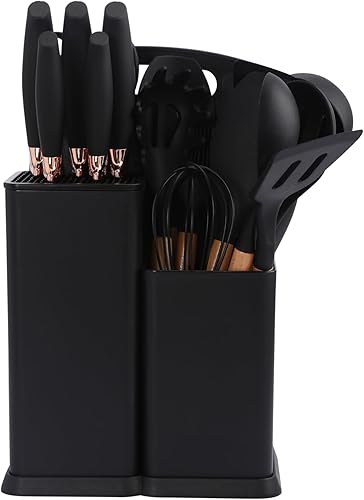 HKS - Juego de cubiertos de cocina de 19 piezas con mango de silicona, juego de cuchillos para cocinar y utensilios de cocina, juego de bloque de