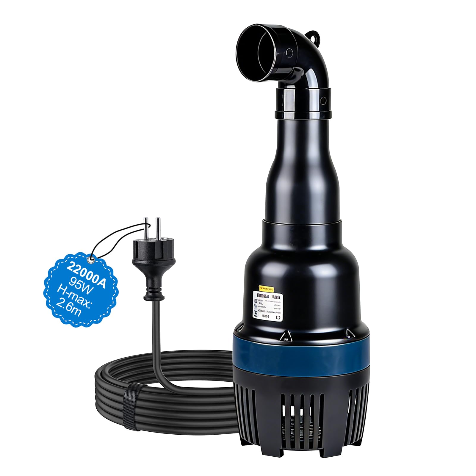 EXLECO Rurowa pompa zanurzeniowa 22000 l/h, 95 W, do stawu ogrodowego, samozasysająca z kablem o długości 10 m, idealna do cyrkulacji, filtrowania i opróżniania