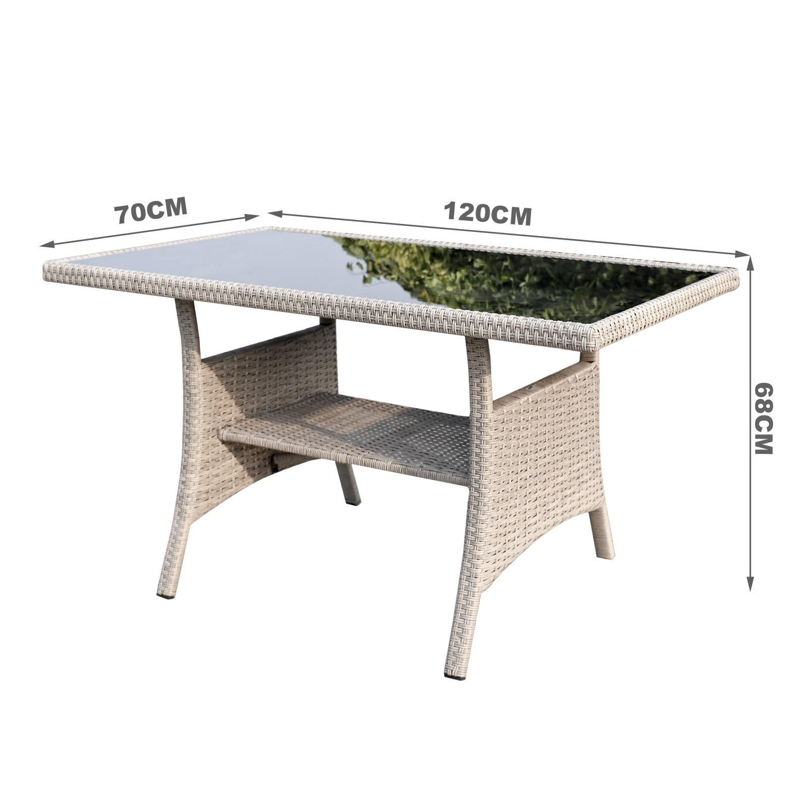 Polyrattan Gartentisch 120x70x68cm mit Ablage Glas Tischplatte Wetterfest Garten Terrasse Balkon Tisch Esstisch Gartenmöbel (Beige)