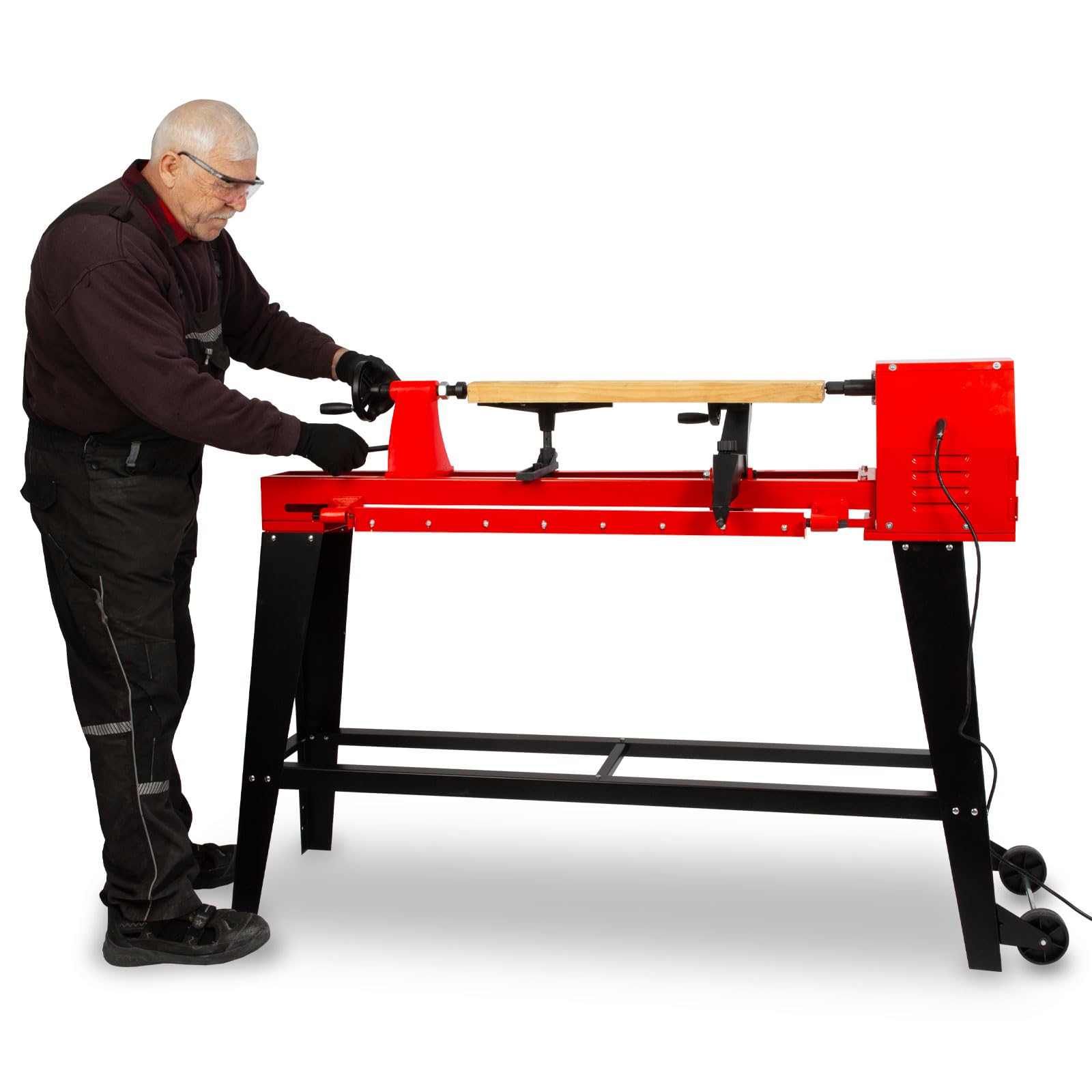 EBERTH Drechselbank 550 W für Holz mit stabilem Untergestell – 1000 mm Spitzenweite, Ø 350 mm Drechseldurchmesser, 4-stufiger Riemenantrieb, standfeste Holz-Drehbank