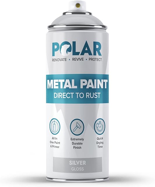 Polar Direct to Rust Gloss Silver Metal Spray Paint - 400ml - Perfect for Metal, Wood, Furniture, Rust - Outdoor & Indoor Surfaces - Easy to Apply - 3 in 1 Primer, Undercoat & Topcoat
