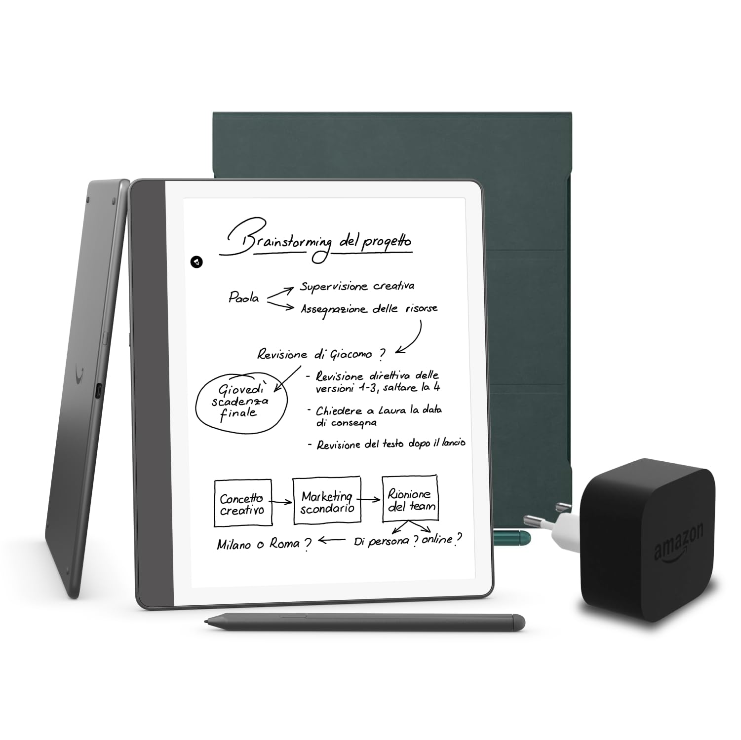 Kindle Scribe (versione 2024) 64 GB, una custodia in pelle Amazon Premium e un alimentatore Amazon Powerfast da 9 W