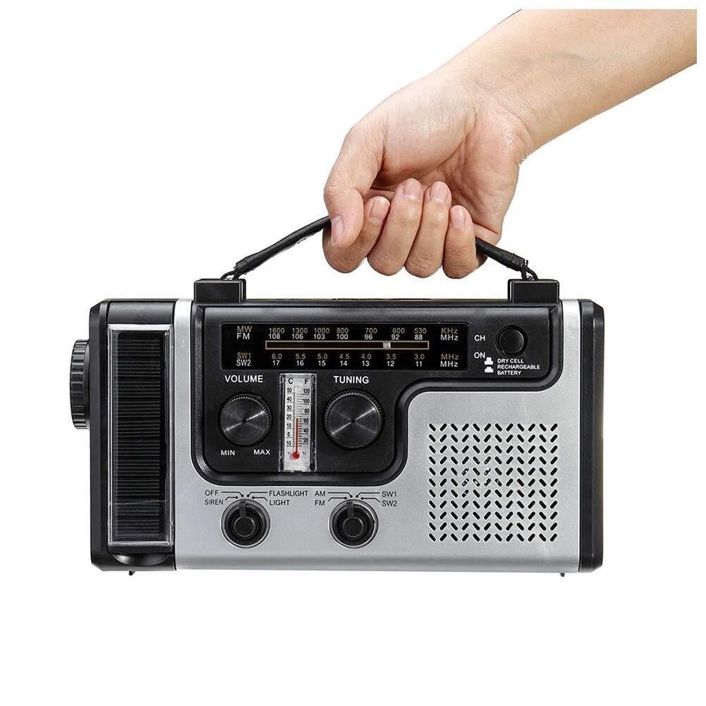 Przenośne, wielofunkcyjne radio z korbką ręczną zasilane energią słoneczną, radio pogodowe awaryjne z latarką, lampką do czytania, ładowarką do telefonu komórkowego i alarmem SOS
