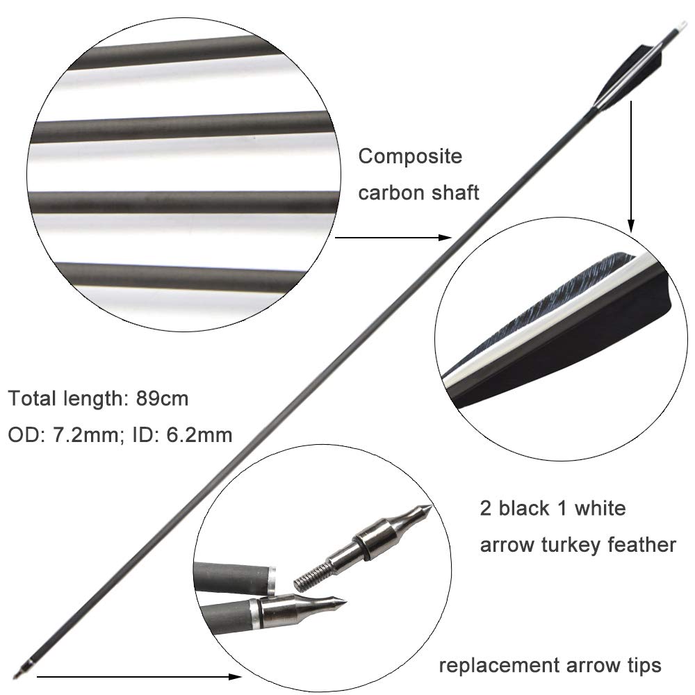 12X 34 Zoll Carbonpfeile Naturfedern SP500 Recurvebogen Bogenschießen Bogen Jagd