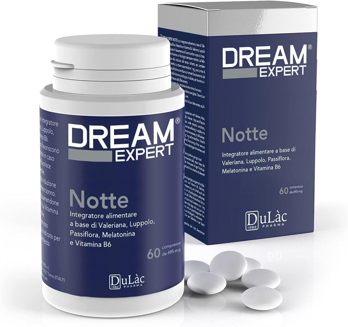 Dulàc - Dream Expert Notte 60 compresse, Integratore alimentare per rilassamento e regolazione del sonno, regola il benessere mentale. Con Melatonina, Valeriana, Luppolo, Passiflora e Vitamina B6.
