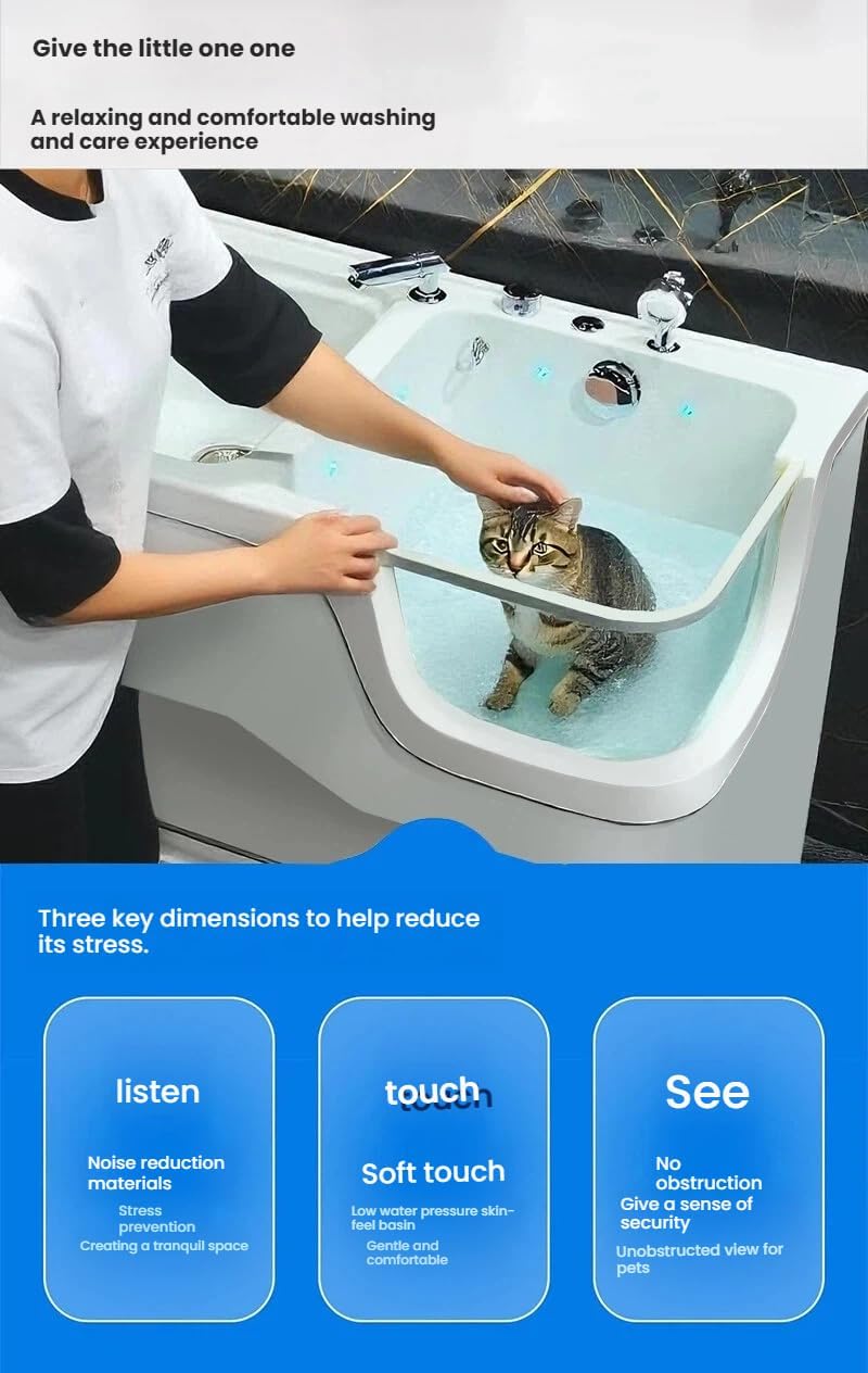 Pet Grooming SPA Bath Tub for Small Dogs and Cats, White, with Electric Lift Base, Low Pressure Shallow Washing Pool, Built-in Storage Shelf