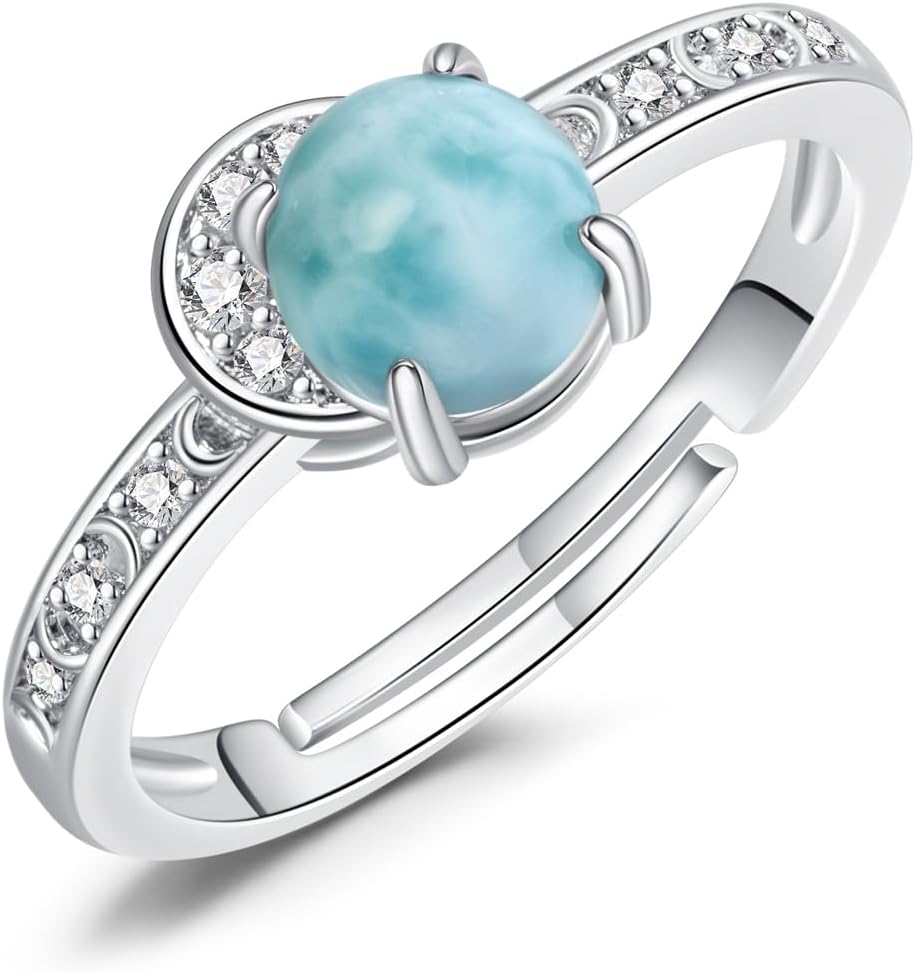 Natural Larimar Ring 925 Sterling Silver Round Blue Gemstones Adjustable Rings Beach Jewelry for Women