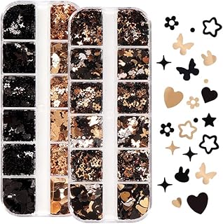 Little Star Flowers Nail Art Glitter Flake, 2 Pack Nail Charms Butterfly Holographic Nail Art Sequins Black and Gold Nail ...