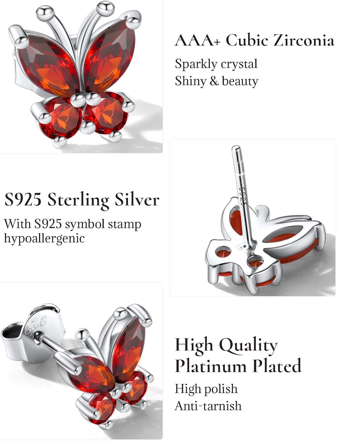SILVERCUTE 925 Sterling Silver Butterfly Earrings for Women,Butterfly Birthstone Stud Earring/Ear Cuffs,Hypoallergenic Birthday Earrings for Women