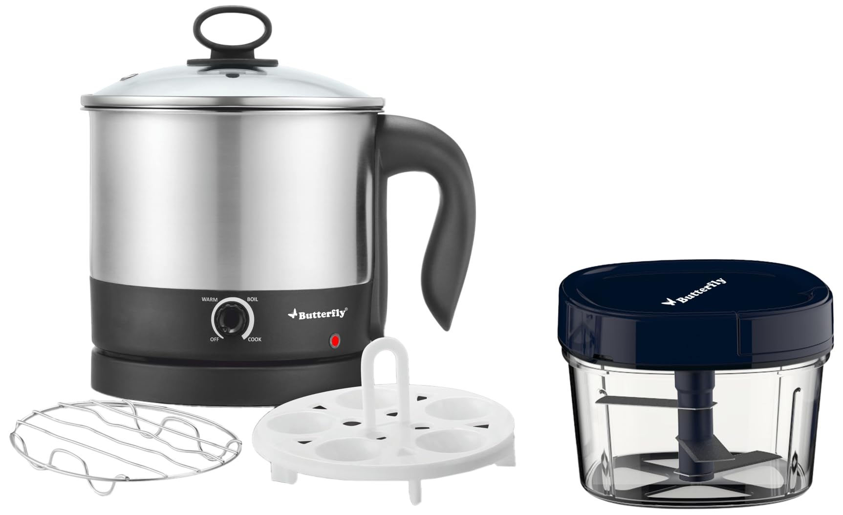 Butterfly Stainless Steel Matchless Multi Kettle 1.2 Liter - With Egg Rack + Ss Rack, 600 Watts & Butterfly Premium Plastic Vegetable Chopper 600 ml Blue-image-46