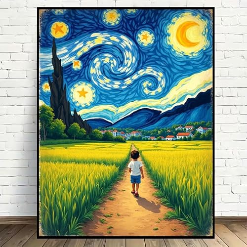 awitufhgp Van Gogh Style Starry Night Over Rice Field Path Canvas, Showcasing Blend of Dreamy Night Sky And Tranquil Countryside(70x90cm/28x35in(WxH)/No frame)